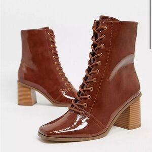 ASOS DESIGN Rylee square toe lace up boots in tan patent size 5